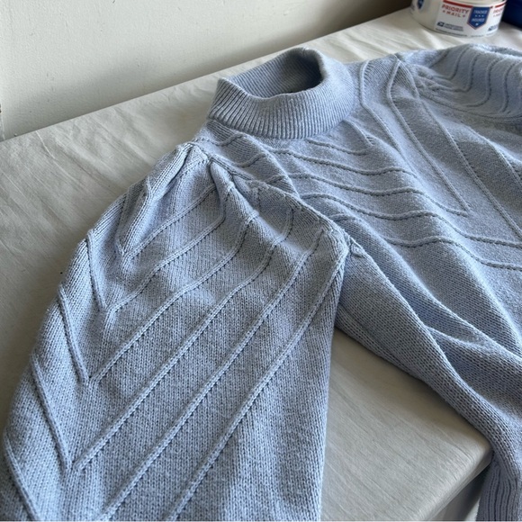 French Connection Violet Blue Textured Puffed Sleeve Knit Sweater - Picture 10 of 13